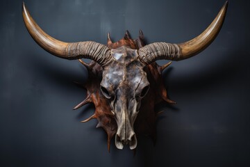 Fototapeta premium Steer skull with real horns mounted on a leather wall hanging, creating a gothic decor