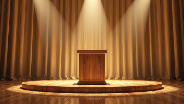 Wooden Podium on Circular Stage under Spotlight Curtains