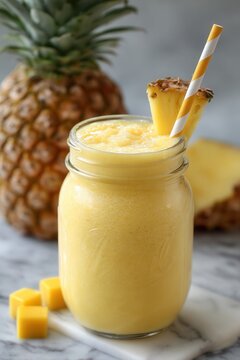 Fresh pineapple smoothie in a mason jar