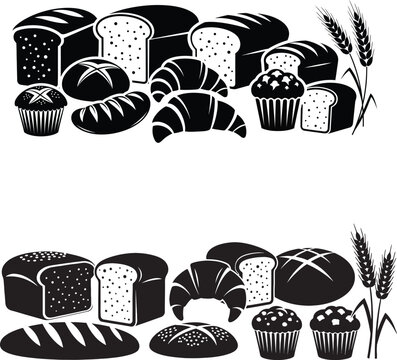 Black and white of assorted bread and baked goods, with wheat