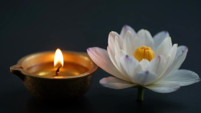 4K Video Serene Still Life with Diya and Lotus Flower for Shani Jayanti and Ganga Dussehra Celebrations