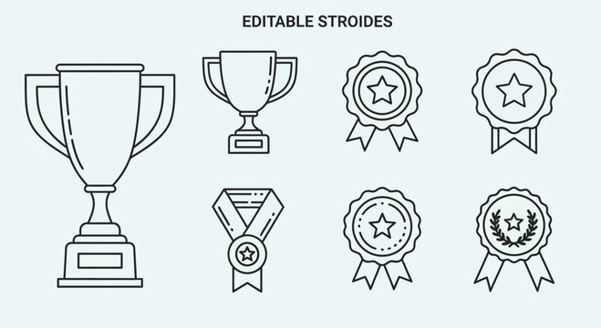 Diverse Collection of Outline Vector Icons Featuring Trophies, Medals, and Award Rosettes, Perfect for Celebrating Achievements and Success in a Modern Line Art Style
