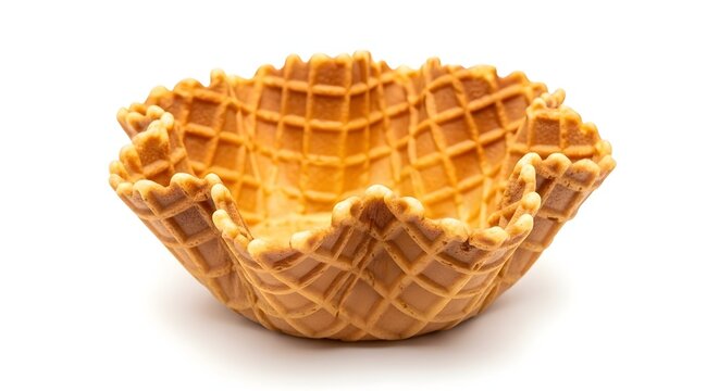 Empty Crispy Waffle Bowl for Ice Cream and Dessert on White Background, Ready for Filling