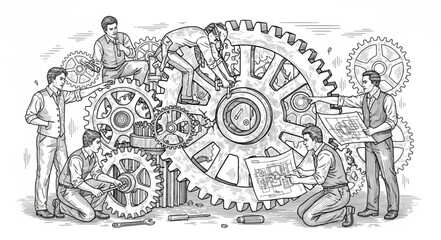Vintage Industrial Gear Machinery With Workers Operating. © King