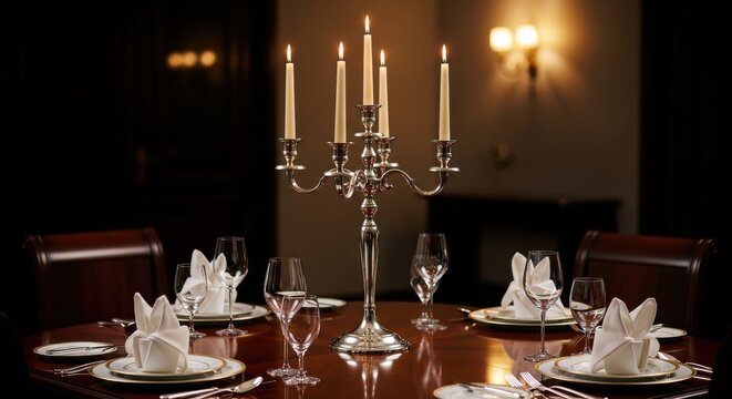 Gleaming antique silver candelabra with tall taper candles set on a formal dinner table