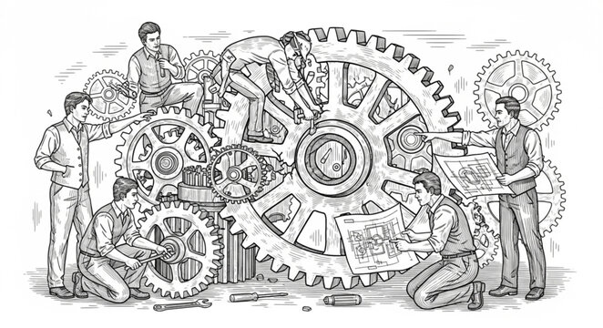 Vintage Industrial Gear Machinery With Workers Operating.