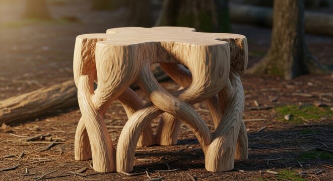 Hand Carved Organic Wooden Stool With Intricate Root Design Sitting On Forest Floor