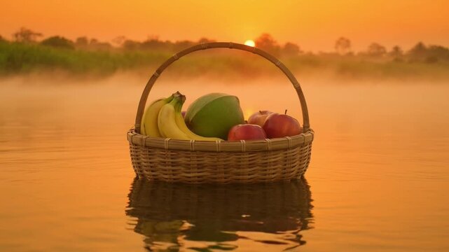 Serene 4K Video Fruit Basket Floating on Mystical River at Sunrise for Ganga Dussehra and Shani Jayanti Celebrations