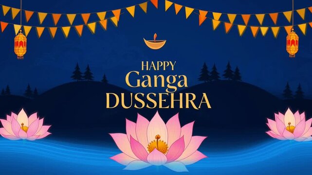 Vibrant 4K Video Background for Ganga Dussehra and Shani Jayanti Celebrations with Lotus and Festive Elements