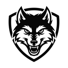 Fototapeta premium Aggressive snarling wolf head emblem with sharp teeth and intense eyes inside a shield shape