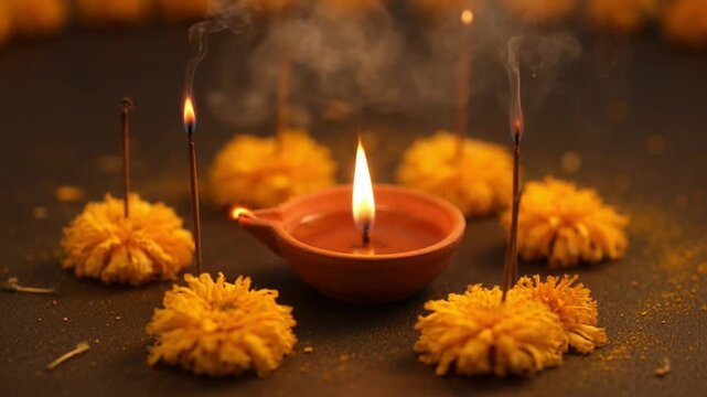 Warmly Lit Clay Diya with Marigold Flowers and Incense Sticks for Festive Hindu Celebrations