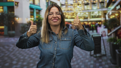 Fototapeta premium Woman gives thumbs up with visible hands and smiling face on a busy street with festive lights and storefronts; cheerful optimism.