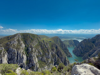 Fototapeta premium Mountain river in a canyon against a background of green forest and blue sky