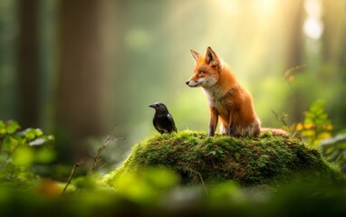 Fototapeta premium Fox and Crow on Moss-Covered Rock in Dense Forest Environment