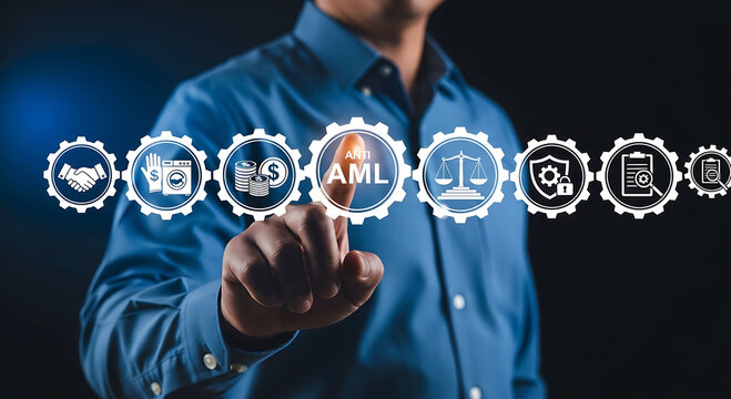 Anti Money Laundering Compliance Concept with AML Gear and Financial Safety Icons