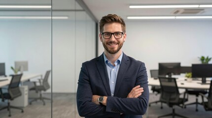 Fototapeta premium Confident Businessman in Modern Office Setting with Clear Background