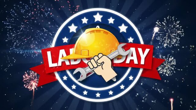Vibrant Labor Day emblem, USA flag star morphs to hard hat, hand with wrench. Colorful fireworks, dark blue starry background with bokeh. Festive holiday atmosphere