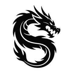 Obraz premium Stylized silhouette of a fierce black dragon coiled in a dynamic pose isolated on a white background
