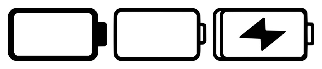 Obraz premium Battery charging icon set with solid black line art on white background featuring battery, charging symbol, power with icon and graphic