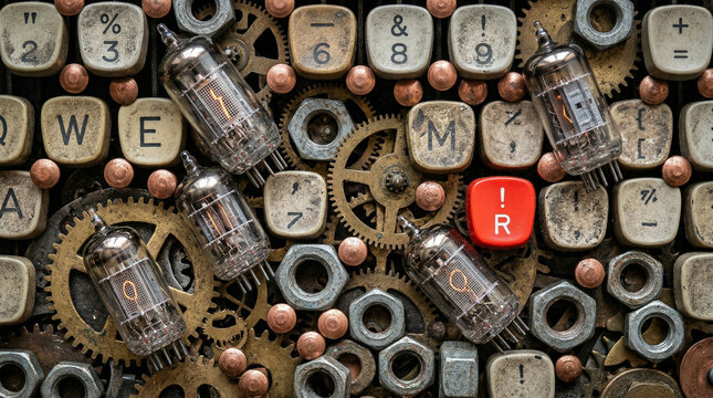Steampunk background with vintage nixie tubes, rusty gears, typewriter keys, and a red exclamation mark button