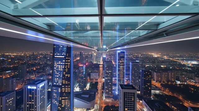 Futuristic Illuminated Glass Bridge Above Megacity With Bright Skyline Reflections Stunning Urban SciFi Architectural Wonder