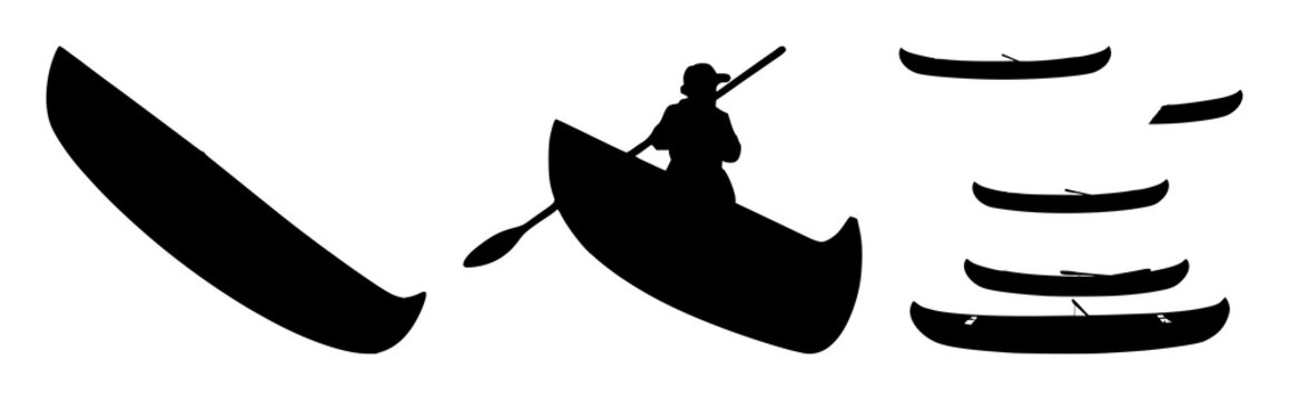 Canoe set with black silhouette against white background featuring canoe, watercraft, sport with simplicity and silhouette