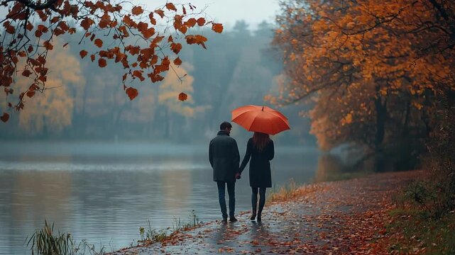 Couple in love walks along a lake path in autumn rain with umbrella