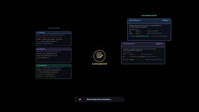 Software workflow with code documentation and connections. Suitable for tech presentations, web development tutorials, and educational materials.