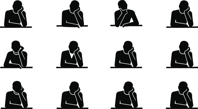 Set of silhouettes showing boredom and waiting with state of mind human behavior silhouette