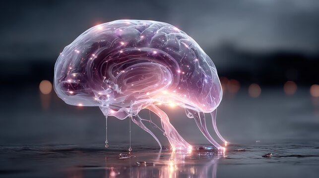 Illuminated brain, translucent with light, in a blurred, ambiguous setting. Glows with synapses