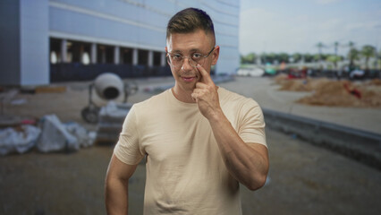 Fototapeta premium Young man touching his glasses with index finger at a building construction site, visible hand and smile; confidence focus.