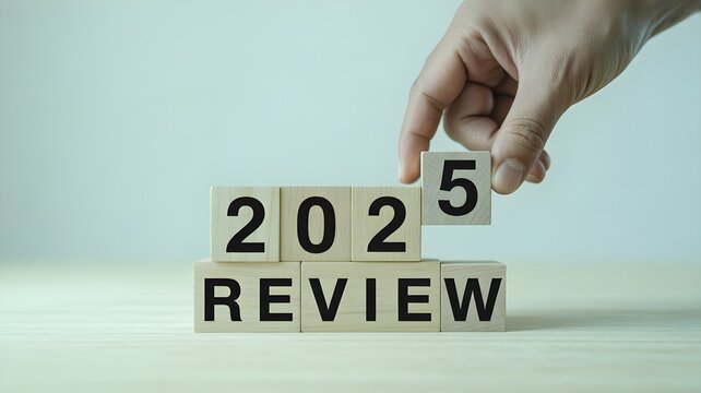 Hand placing 2025 block on top of 202 review cubes on table with blue background