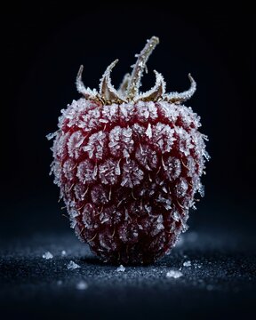 Frozen raspberry on black background (Rubus idaeus)
