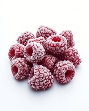 Frozen raspberries on white background (Rubus idaeus)