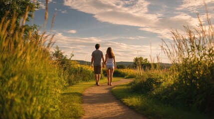 Obraz premium Young couple walking hand in hand along a grassy meadow path at golden hour