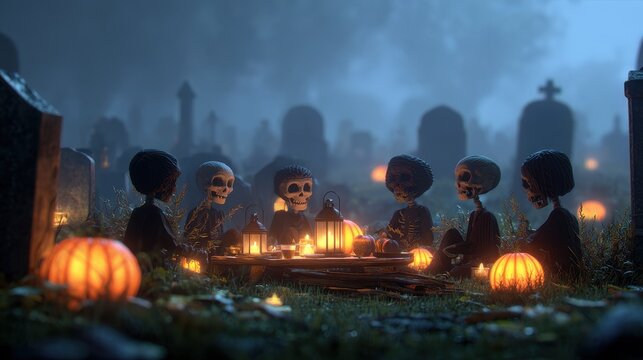 Zombie Halloween Card Party in a Graveyard with Pumpkins on a Wooden Board