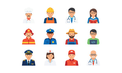 Fototapeta premium Set of flat vector professional occupation avatars, featuring doctor, nurse, pilot, farmer, chef, police, teacher, construction worker, and software developer.