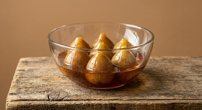 Uma tigela de vidro com figos sem cascas e banhados com calda doce. Figos em conserva em uma tigela de vidro. Doce de figo