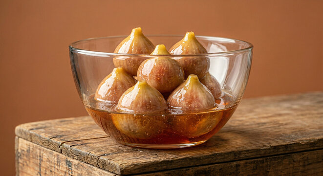 Uma tigela de vidro com figos sem cascas e banhados com calda doce. Figos em conserva em uma tigela de vidro. Doce de figo