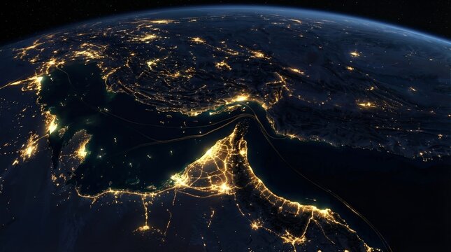 Night satellite view of the Strait of Hormuz with glowing city lights. Concept of international energy exports and global maritime logistics for digital map illustration.