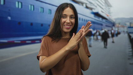 Obraz premium Hispanic young brunette woman clapping hands at port street beside blue cruise liner and passengers waiting; vacation joy.