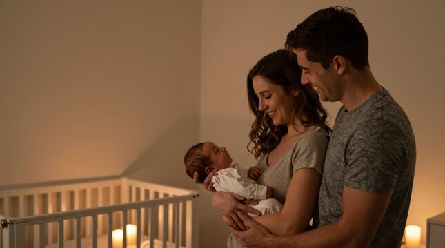 Loving Parents Gaze Adoringly at Their Newborn in Cozy Nursery