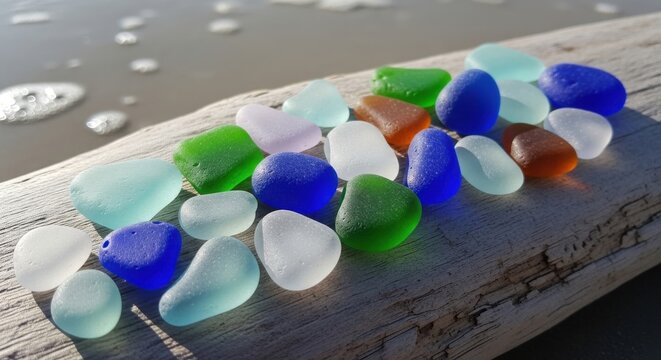 Assortment of smooth colorful sea glass pieces found on a textured wooden surface with a blurred ocean background