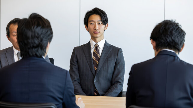 Young korean man in business suit sits at office job interview facing committee feeling nervous but attentive during employment meeting