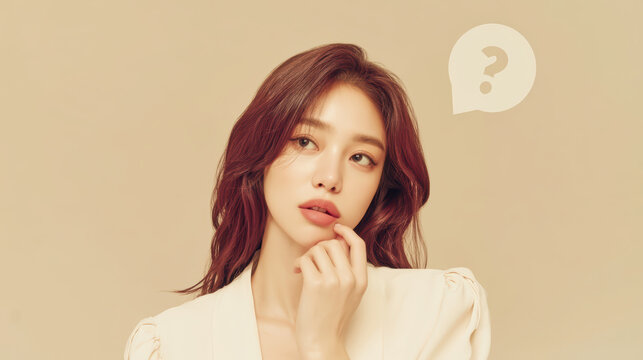 Young korean woman thinking with question mark icon showing thoughtful confused expression wondering about problem on beige background