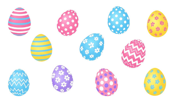 Set of Colorful Easter Eggs with Stripes, Polka Dots, and Floral Patterns for Easter Decorations and Spring Designs