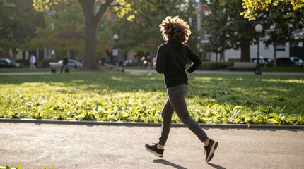 Fototapeta premium Young Person Jogging in Park During Bright Sunny Afternoon Light