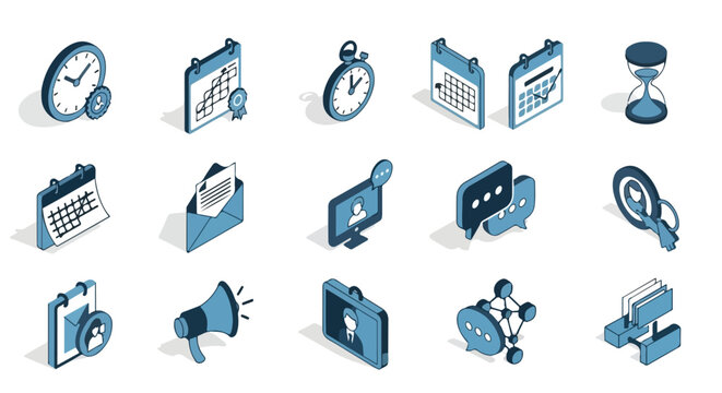 Fifteen isometric blue vector icons representing business management, communication tools, and time scheduling concepts on a clean white background.