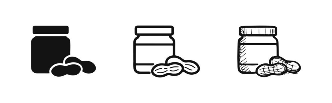 Peanut Butter Jar and Groundnuts Icon Set in Three Styles