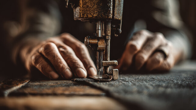 Focused artisan working sewing machine binding business with bare hand crafting vintage leather goods displaying passionate dedication to craft